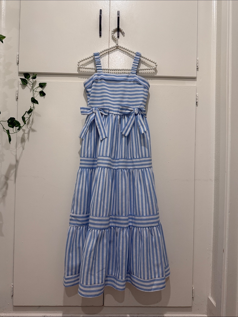 Rare Editions Blue and White Striped Tiered Sundress with Waist Bows